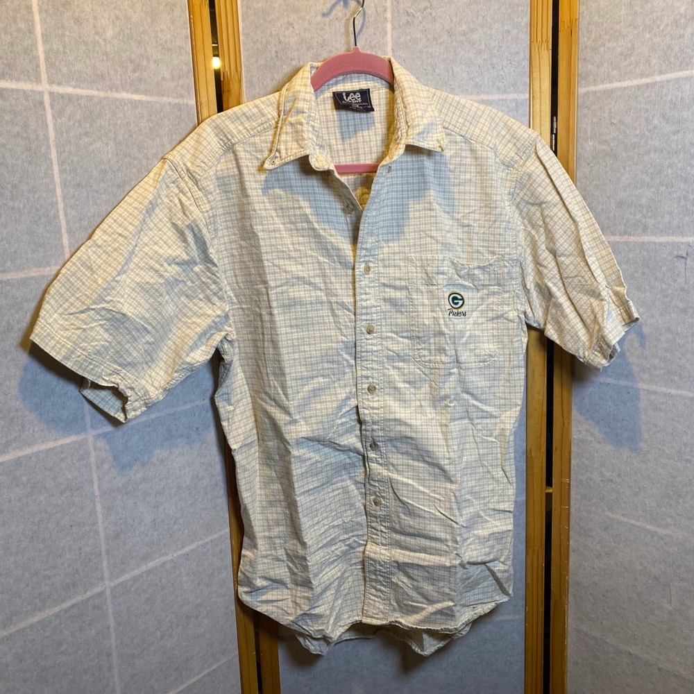 Lee Sport Green Bay Packers Mens Medium Tan Gingham Plaid Short Sleeve Shirt NFL